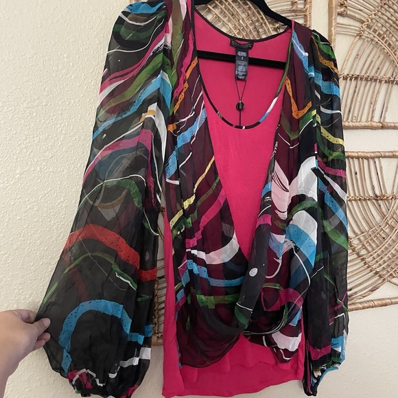 Custo Barcelona Y2K 60s Psychedelic Sheer Top Blouse Vibrant Funk Hip Sz 2 B34 - Picture 4 of 11